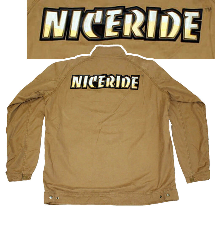 NIceride brown jacket featuring embroidered logo on back and front chest, showing stylish design and high-quality fabric.