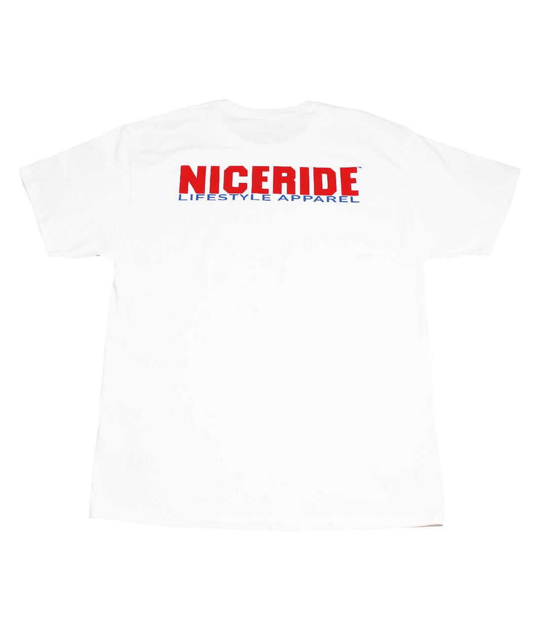 Back view of NICERIDE Lifestyle Apparel t-shirt featuring bold red and blue design.