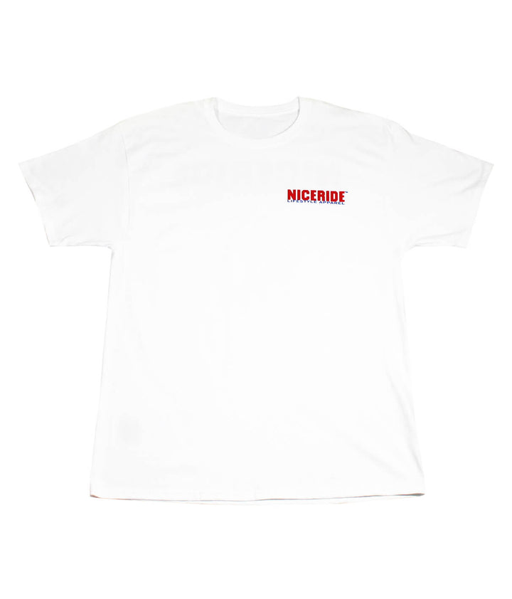 White t-shirt featuring NICERIDE design on the left chest, perfect for casual wear.