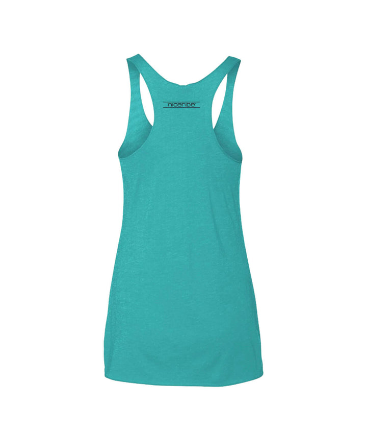 Back view of a turquoise tank top for women, featuring a racerback design and NICERIDE logo.