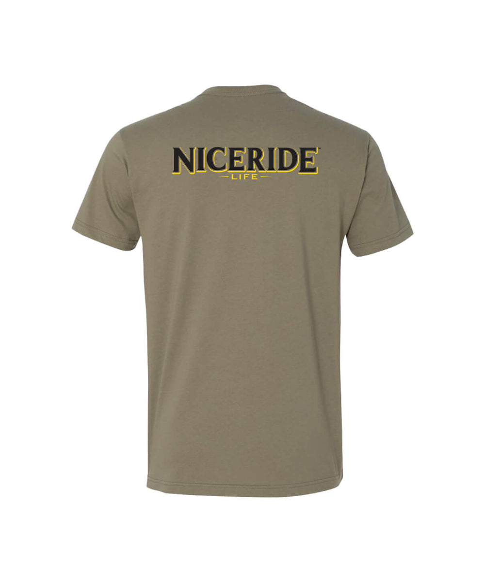 Men's t-shirt featuring NICERIDE Life design on the back, olive colored, short sleeved, comfortable cotton fabric.