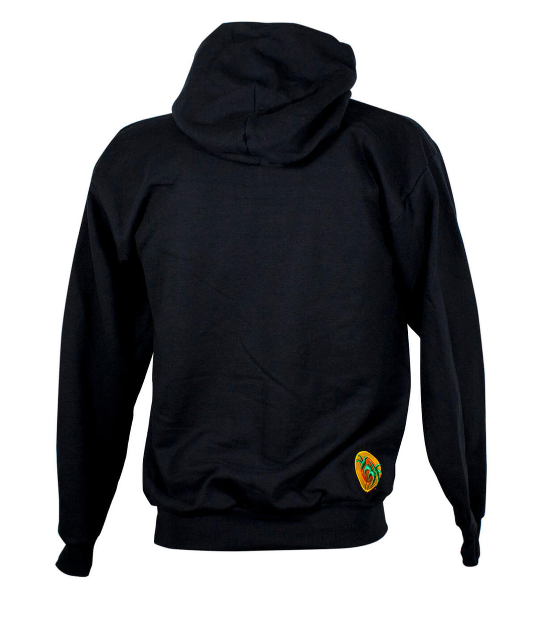 Back view of The Badge black unisex pullover hoodie showcasing embroidered palm logo on the right hip.