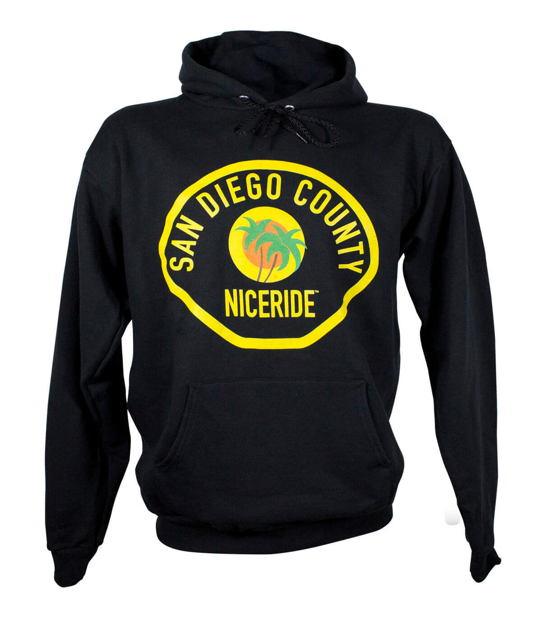 Black unisex pullover hoodie featuring NICERIDE&