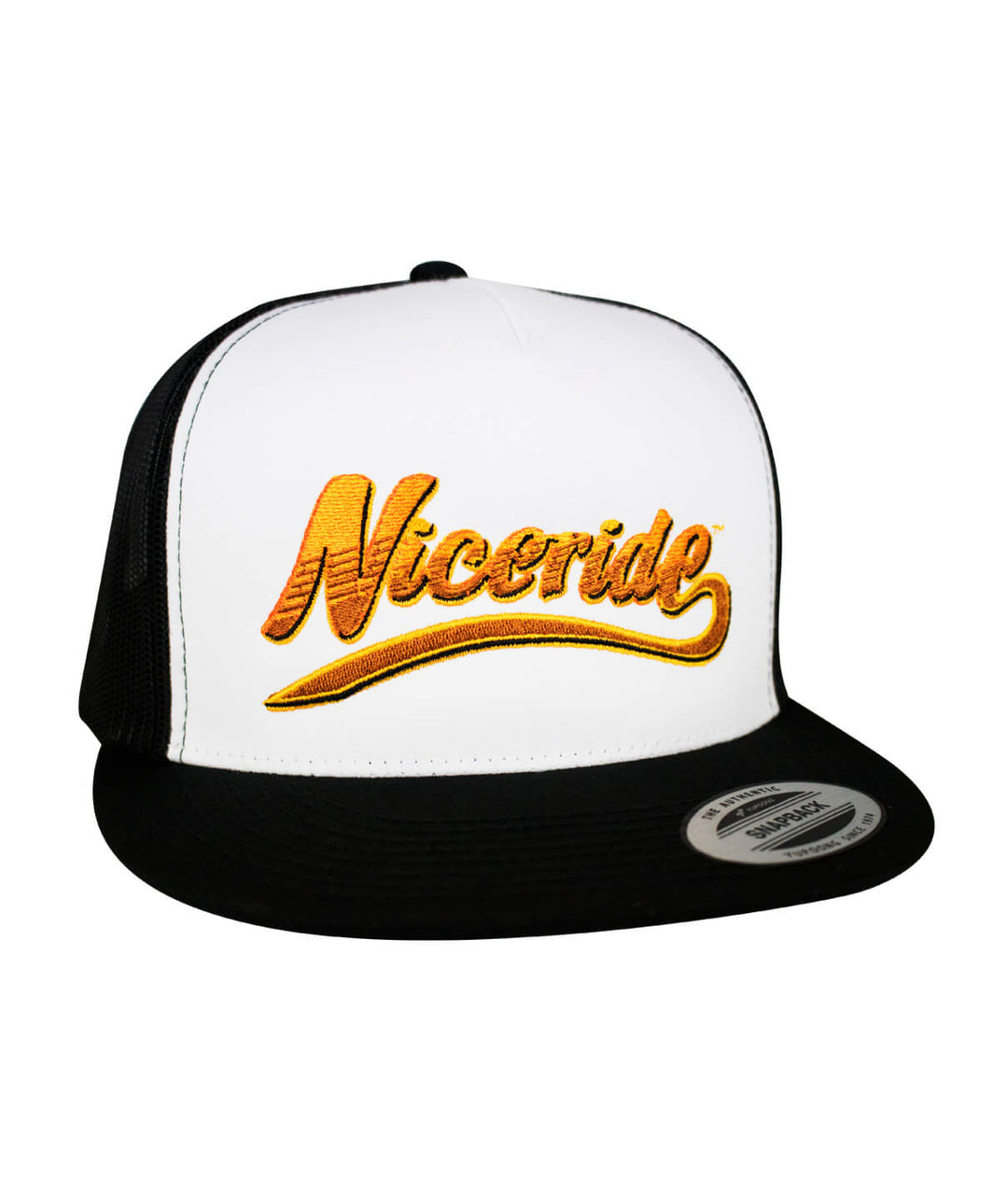 Boston TRUCKER Hat featuring NICERIDE design embroidered on a white front and black mesh back.