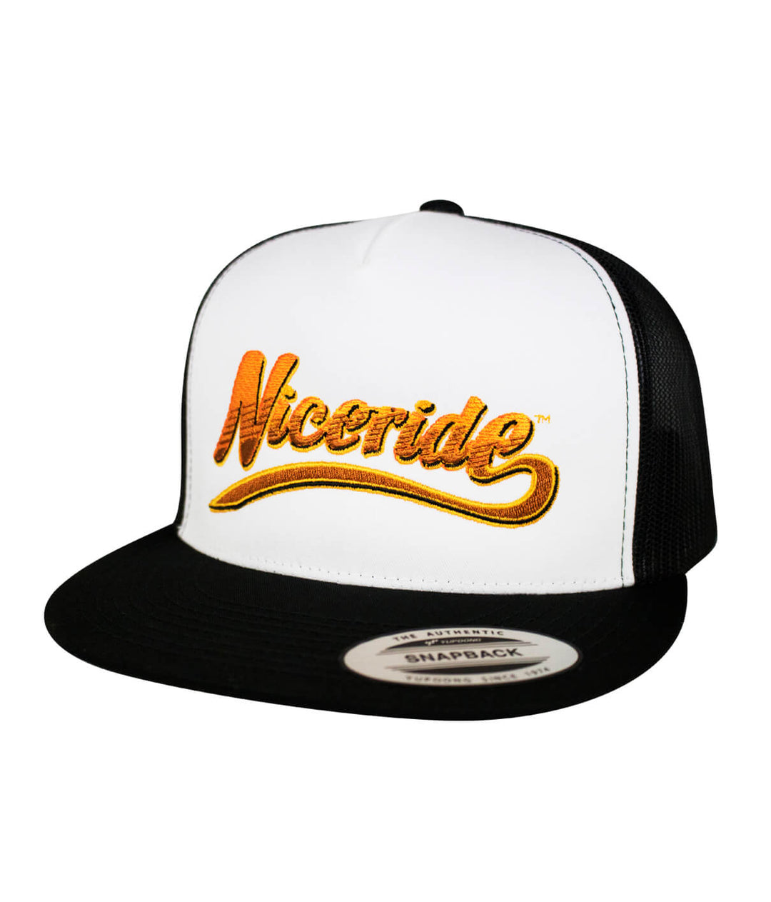 Niceride trucker Hat with bold embroidery on a white front and black mesh back, stylish and perfect for outdoor wear.
