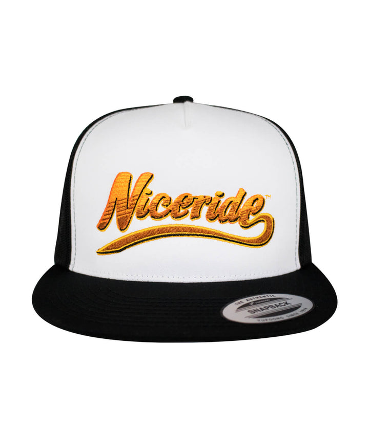 Boston TRUCKER Hat with NICERIDE design embroidered on front and black back, stylish baseball cap for casual wear.