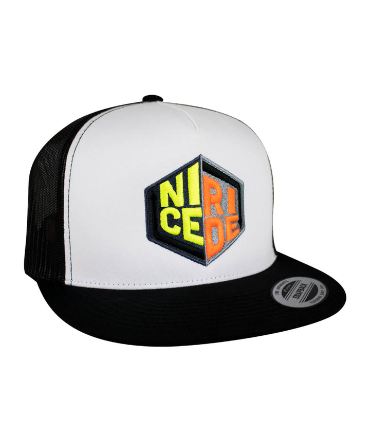 NICERIDE Twisted Trucker Hat with embroidered logo on front and black mesh back.