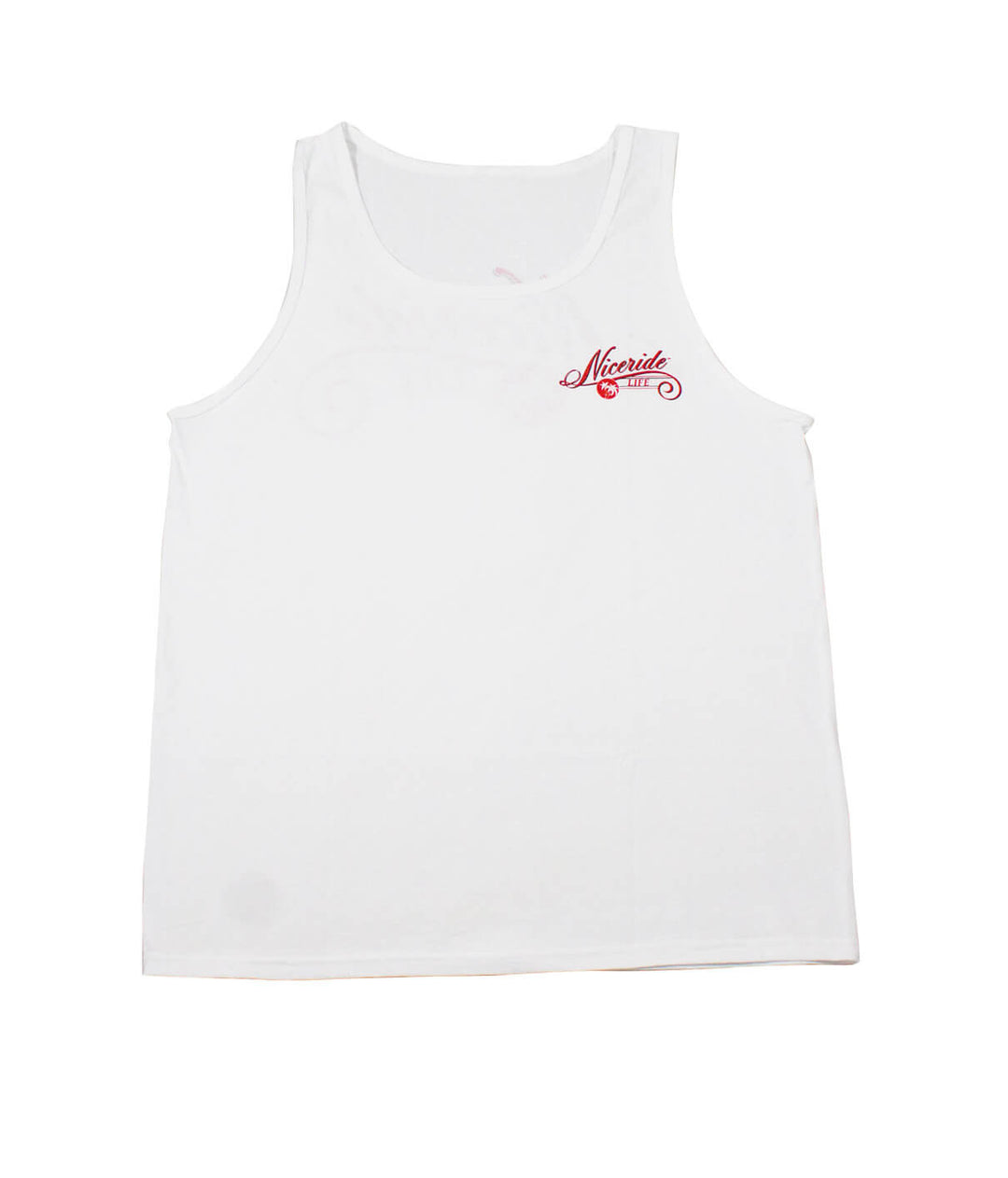 The Life - White Fruit Of The Loom Mens Tank Top with NICERIDE logo printed on the chest.