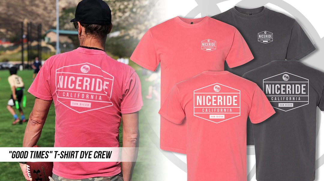Good Times shirt featuring NICERIDE design, available in shadow and guava colors, perfect for casual wear.