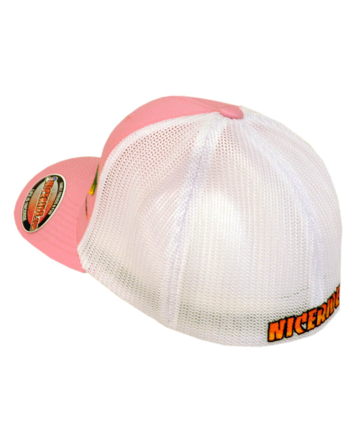 Classic Palm Meshback Flexfit Hat showcasing NICERIDE logo, a stylish hat in pink and white design.