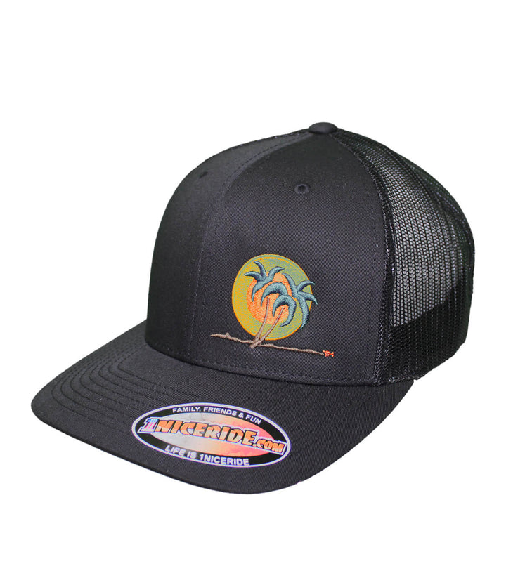 Classic Palm Retro Trucker Hat with embroidered palm logo, stylish hat for casual wear.