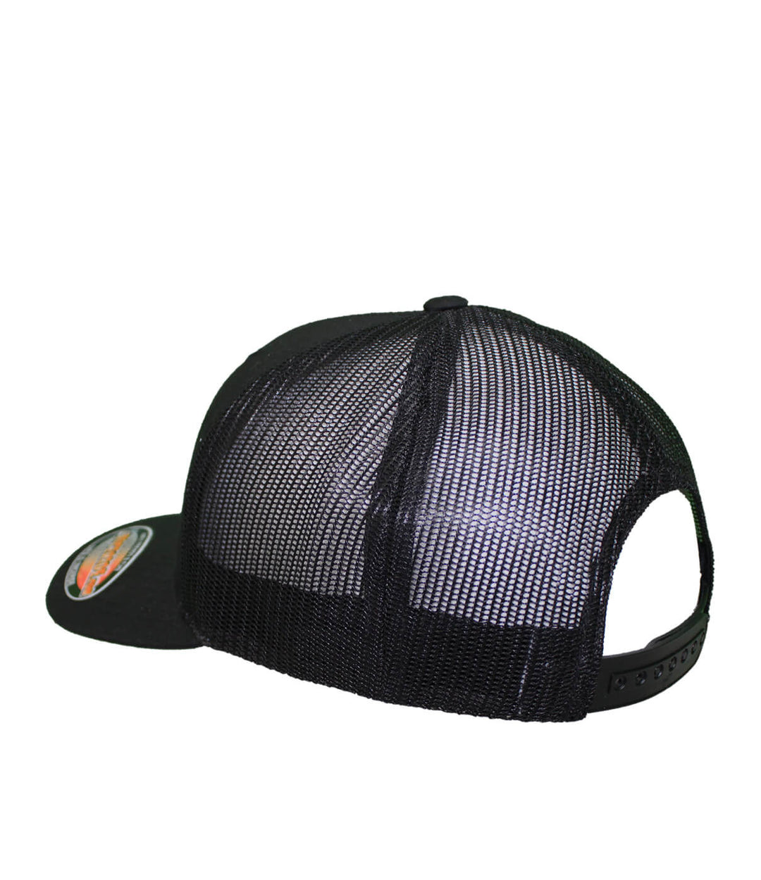 Back view of Classic Palm Retro Trucker Hat, a black hat with mesh panels for breathability.