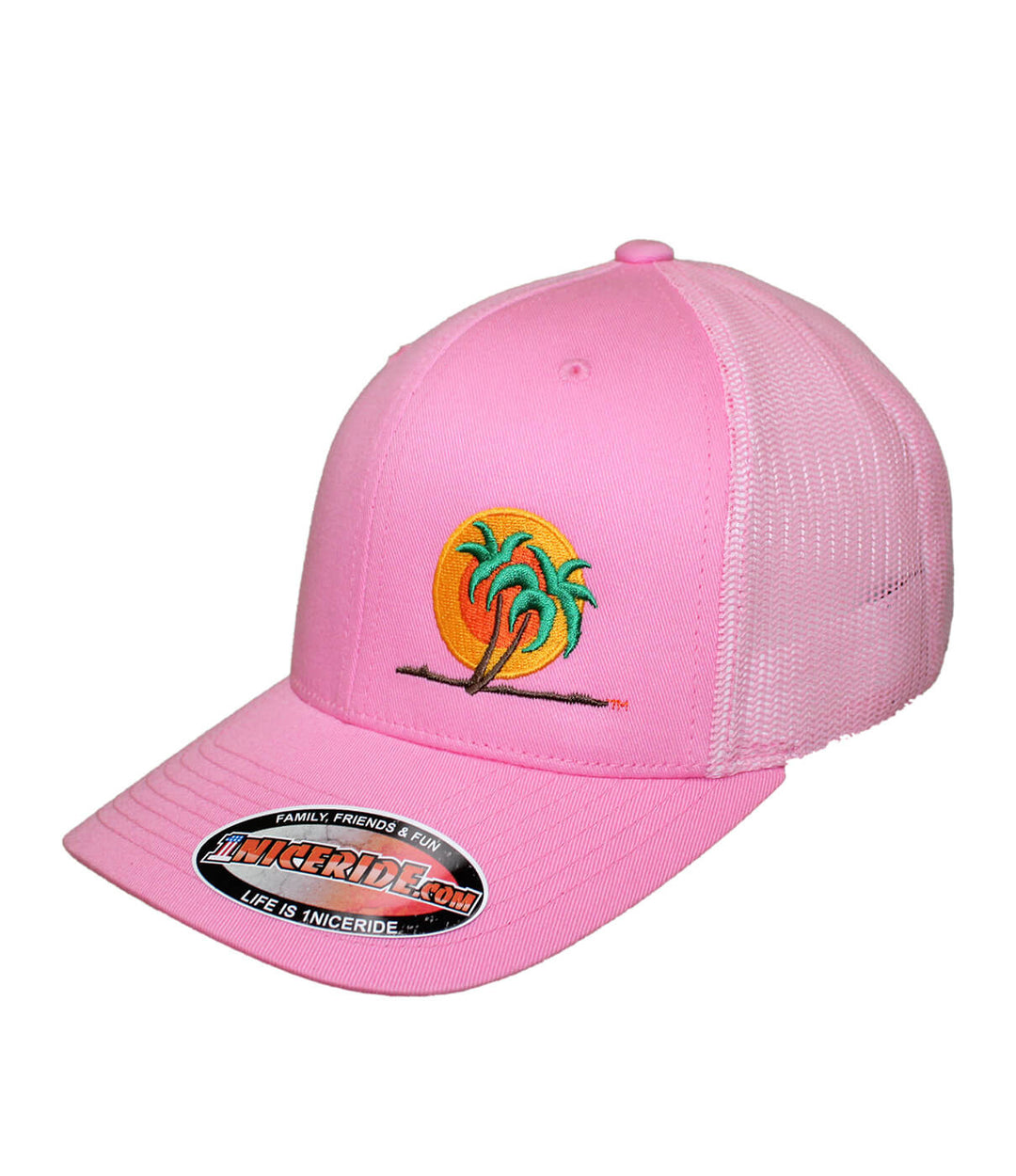 Classic Palm Retro Trucker Hat in pink with embroidered palm tree logo, perfect summer accessory.