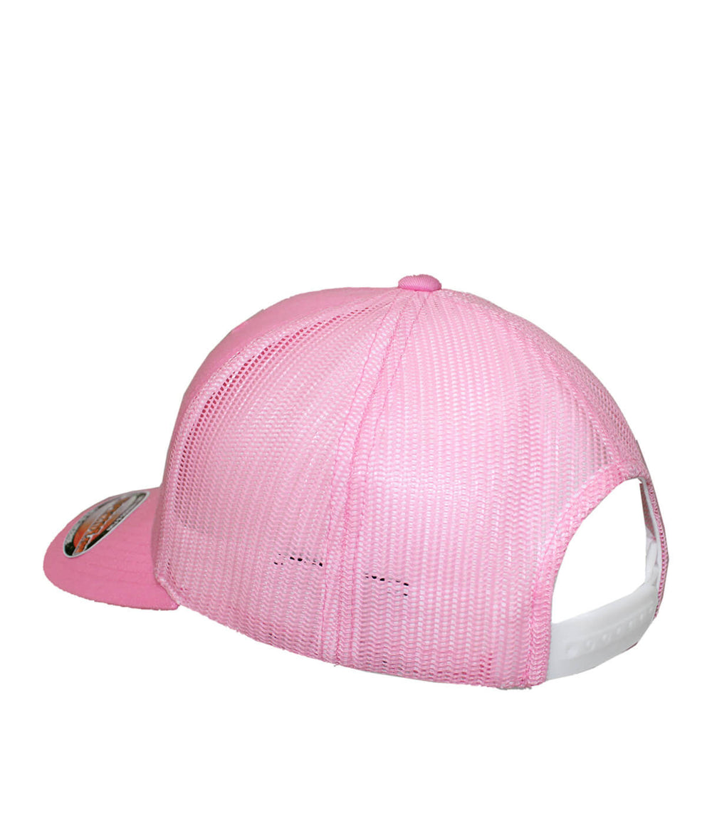 Back view of the Classic Palm Retro Trucker Hat in pink, showcasing its mesh design and NICERIDE logo.