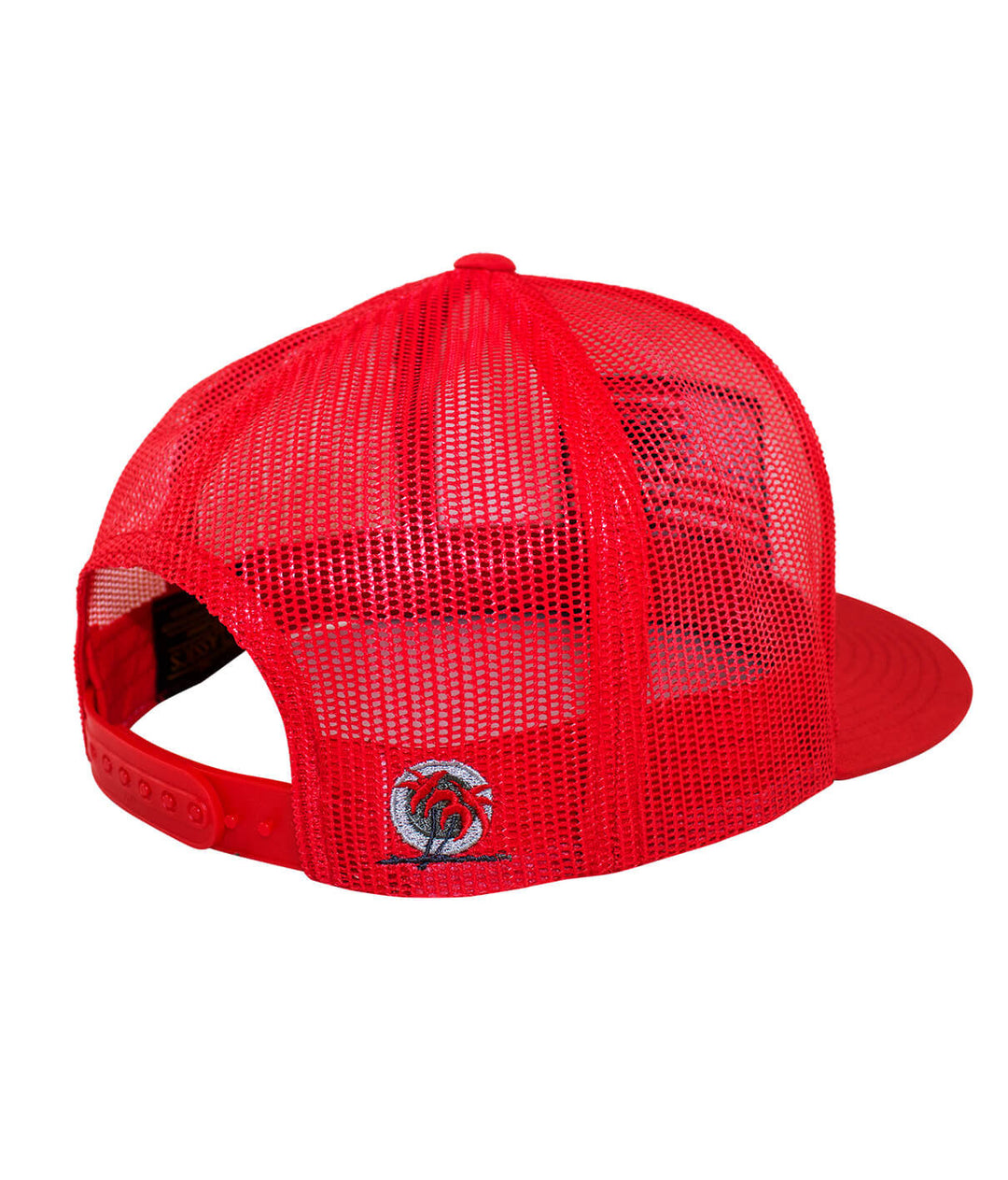 Back view of the Niceride Pride trucker hat featuring a red mesh design and classic palm logo.