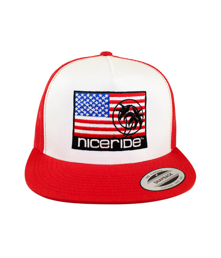 Niceride Pride trucker hat featuring American flag and NICERIDE logo, classic snapback style hat.