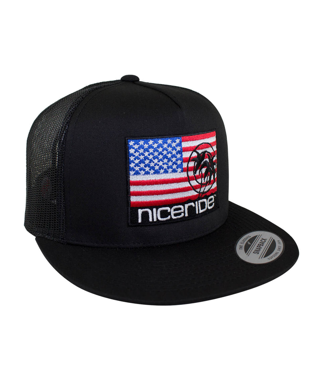 Niceride Pride trucker hat with American flag design and black palm logo, a stylish hat for outdoor wear.