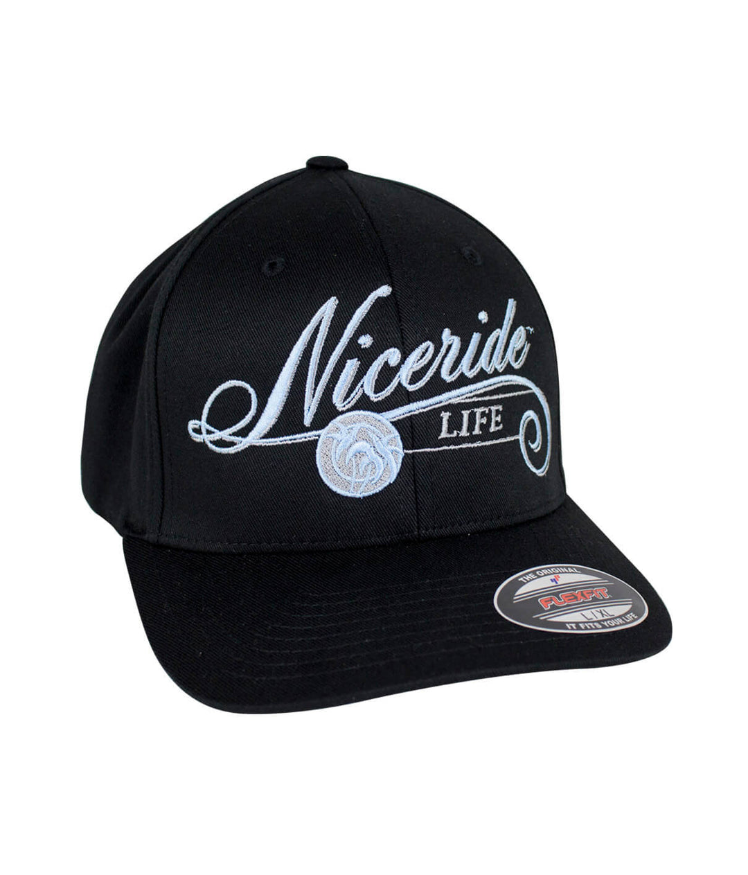 The Life Classic Flexfit Hat by NICERIDE, featuring embroidered design in black and white.