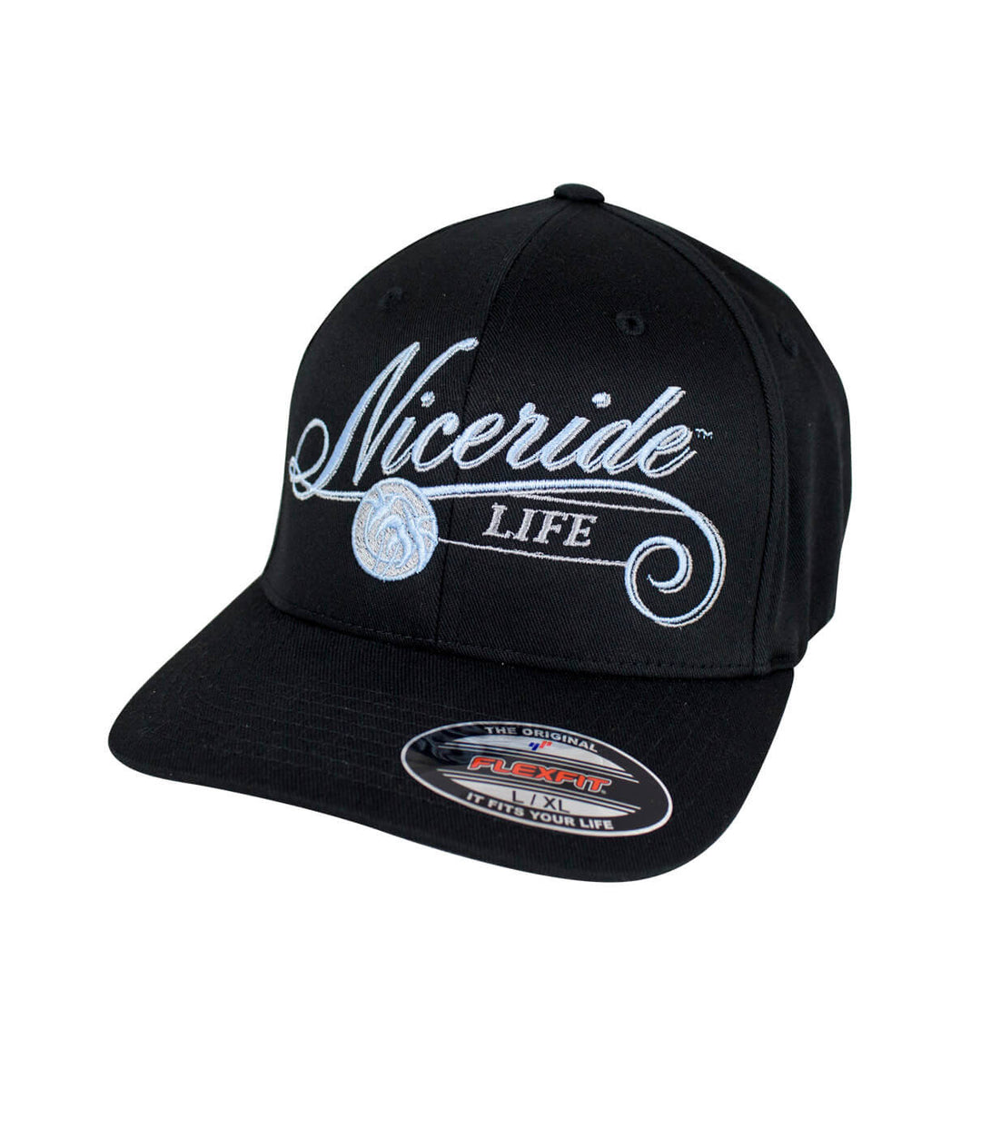 The Life Classic Flexfit Hat featuring NICERIDE embroidered design on a black hat.