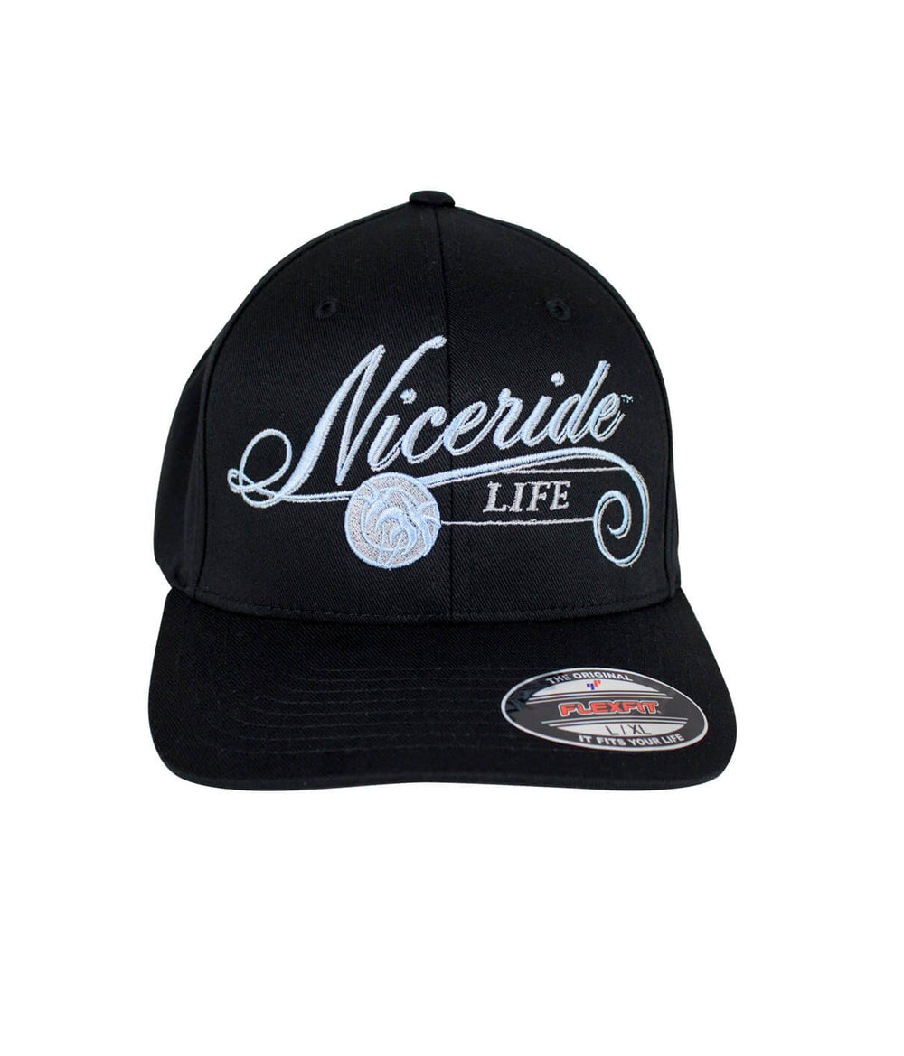 The Life Classic Flexfit Hat with NICERIDE embroidered design and black palm logo.
