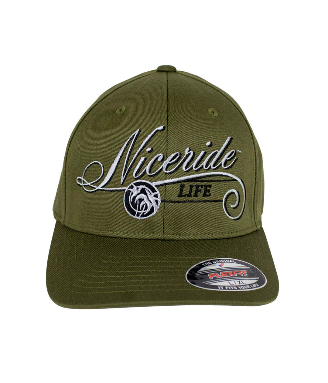 The Life Classic Flexfit Hat by NICERIDE, olive design with embroidered logo and typography, perfect for style lovers.