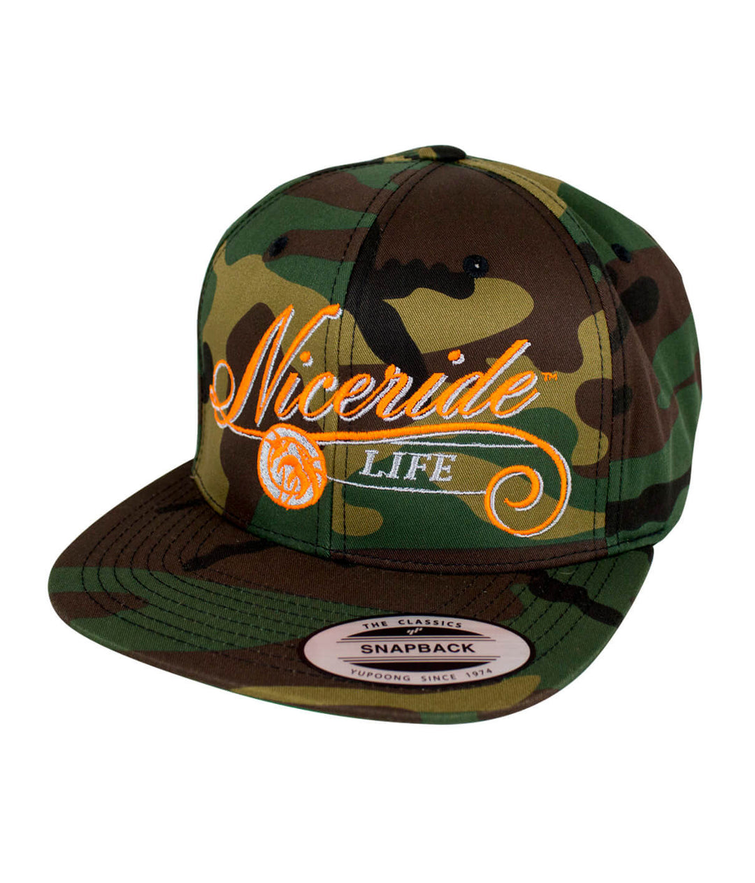 The Life Snapback Hat by NICERIDE in camo design, featuring embroidered logo, perfect for stylish headwear.