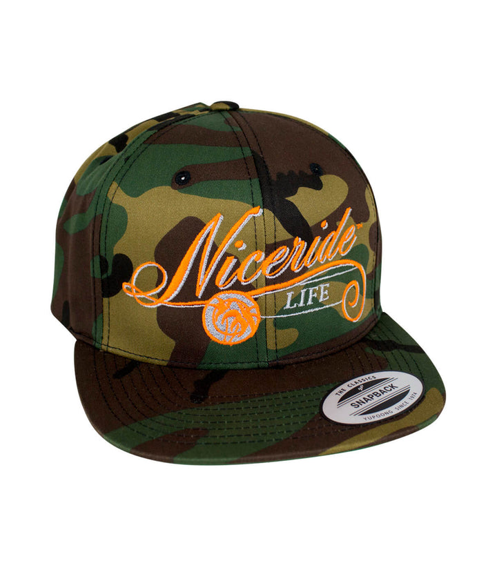 The Life snapback hat by NICERIDE, camouflage design with embroidered logo, perfect stylish hat for casual wear.