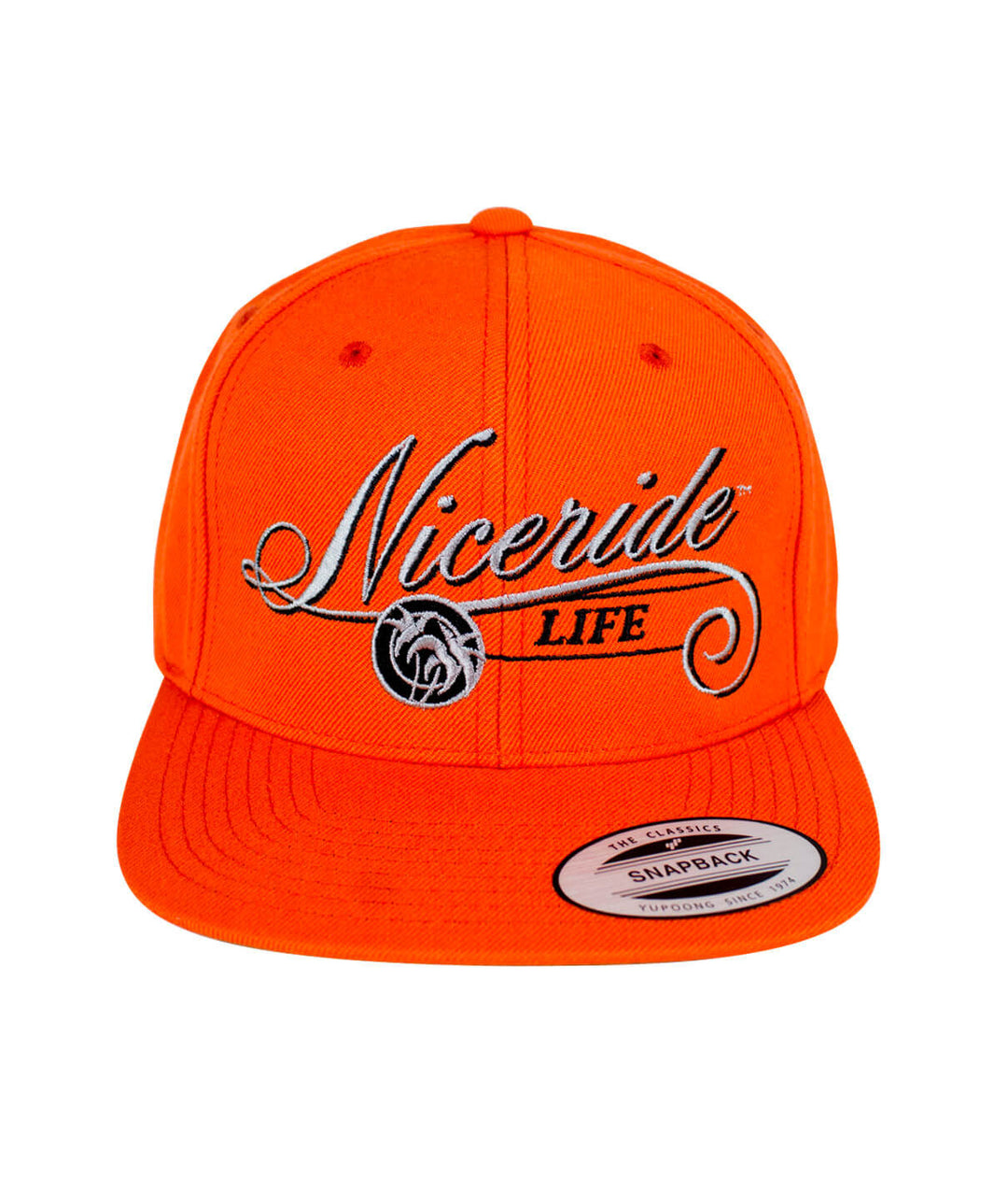 The Life Snapback Hat by NICERIDE, an orange baseball cap with embroidered design.