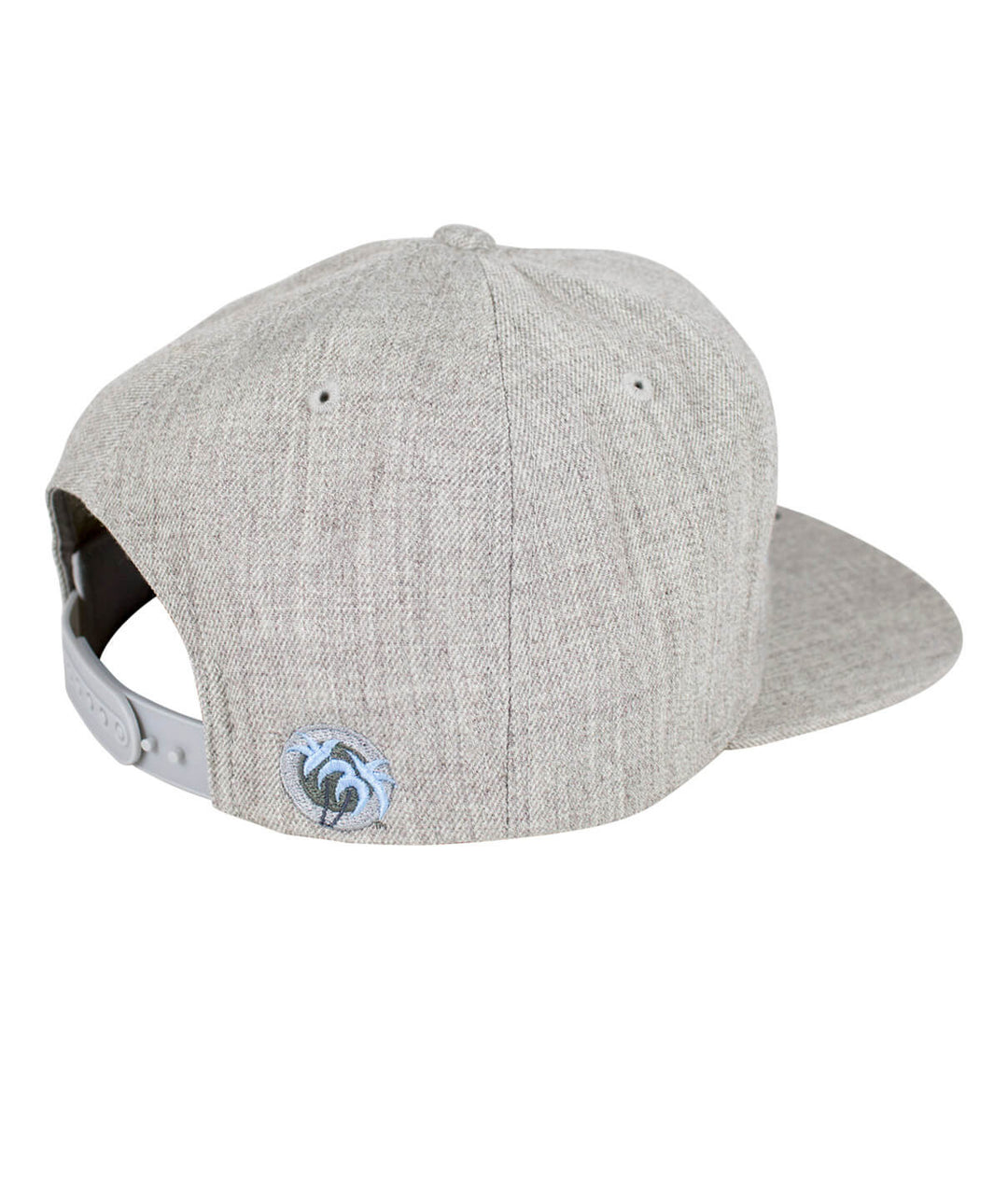 Back view of The Life snapback hat featuring blacked out palm logo and light fabric.