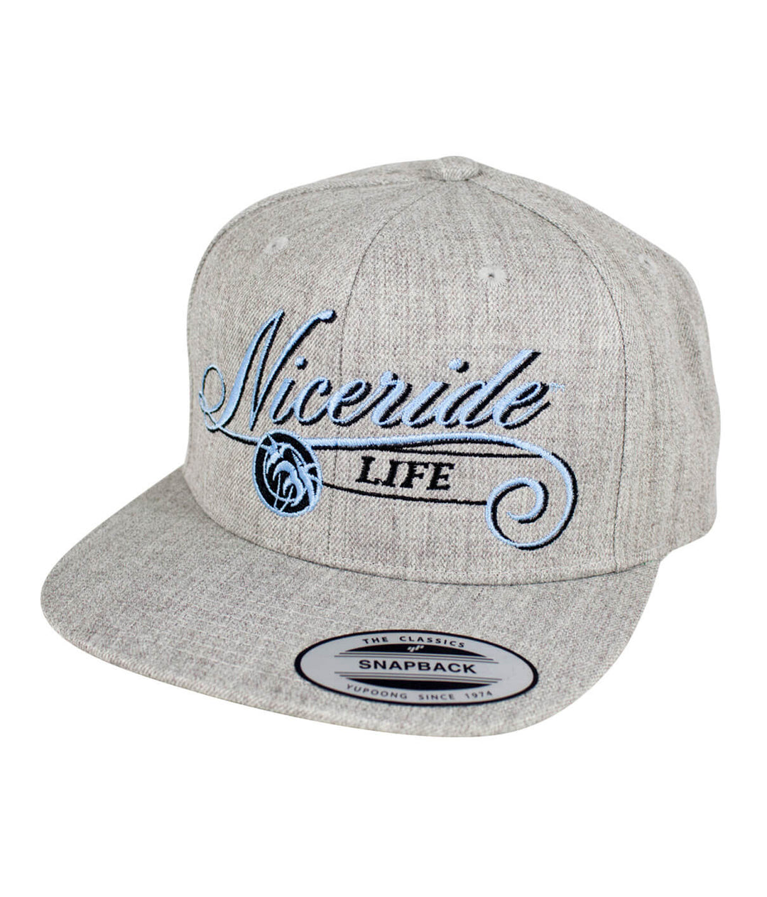 The Life snapback hat featuring NICERIDE embroidered design and classic palm logo, perfect for stylish wear.