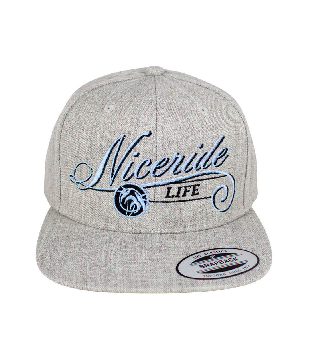 The Life Snapback Hat featuring NICERIDE logo and blue embroidery on a gray background, ideal stylish hat.