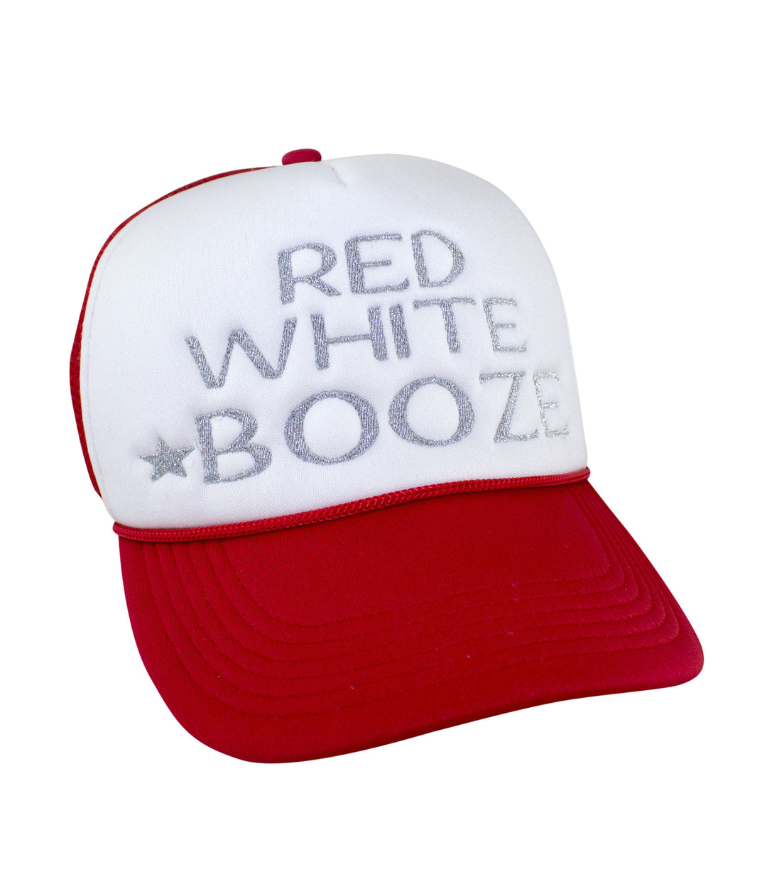 Red, White & Booze foam trucker baseball hat with metallic silver embroidery on front panel and red brim, perfect summer accessory.