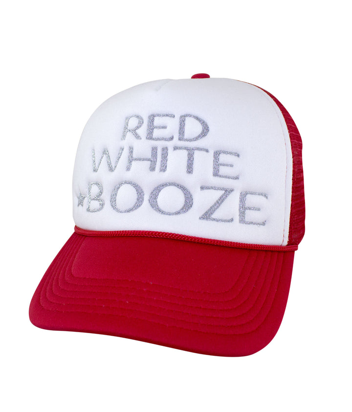 Red, White &amp; Booze foam trucker baseball hat with metallic silver embroidery on the front panel, perfect for summer.