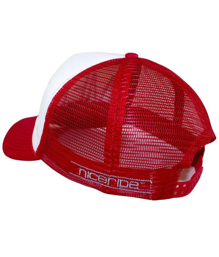 Red, White &amp; Booze Foam Trucker Baseball Hat showing NICERIDE embroidery and mesh back detail.