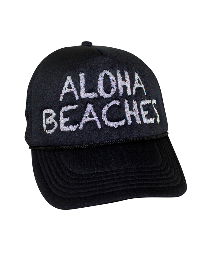 Aloha Beaches foam trucker hat, stylish baseball cap featuring embroidered text, perfect summer accessory. Hat.
