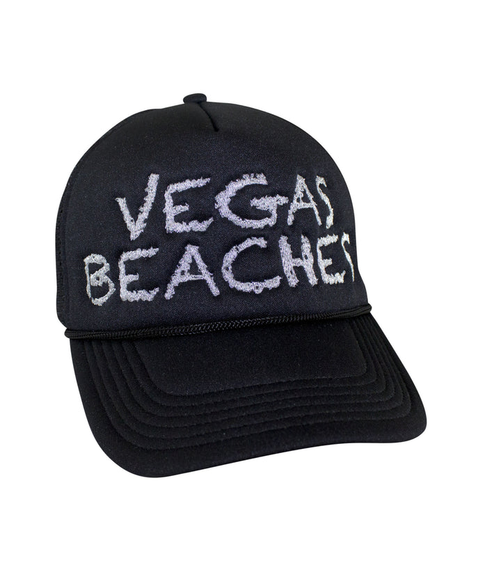 Vegas Beaches Foam Trucker Hat, a stylish hat with embroidered lettering for summer fun.