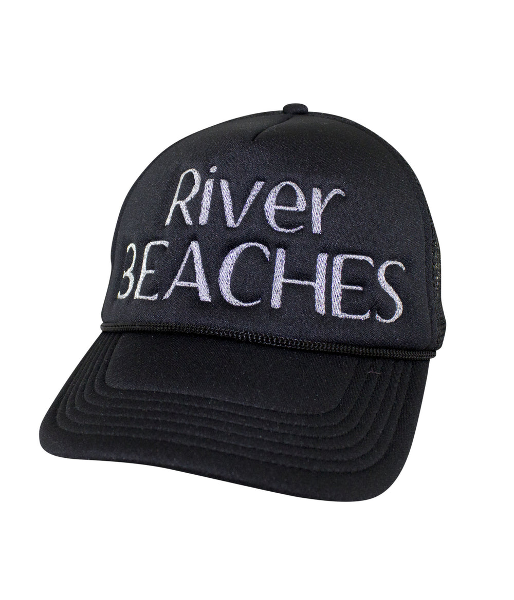 River Beaches Foam Trucker Hat showcasing embroidered design on the front panel, featuring the focus keyword hat.