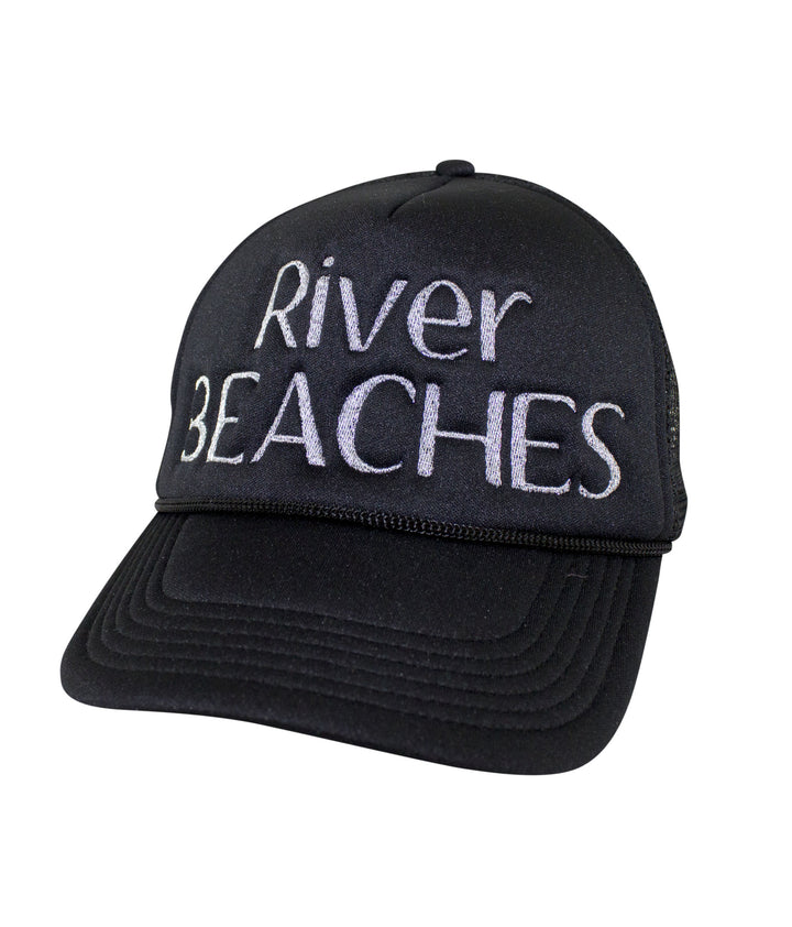 River Beaches Foam Trucker Hat showcasing embroidered design on the front panel, featuring the focus keyword hat.