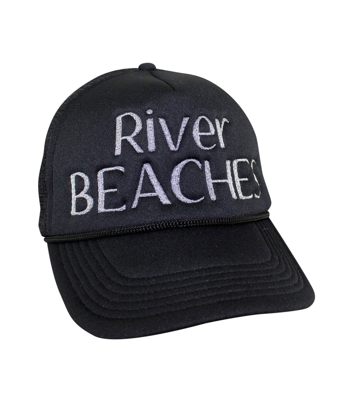 River Beaches Foam Trucker Hat with embroidered text, a stylish hat for outdoor activities.