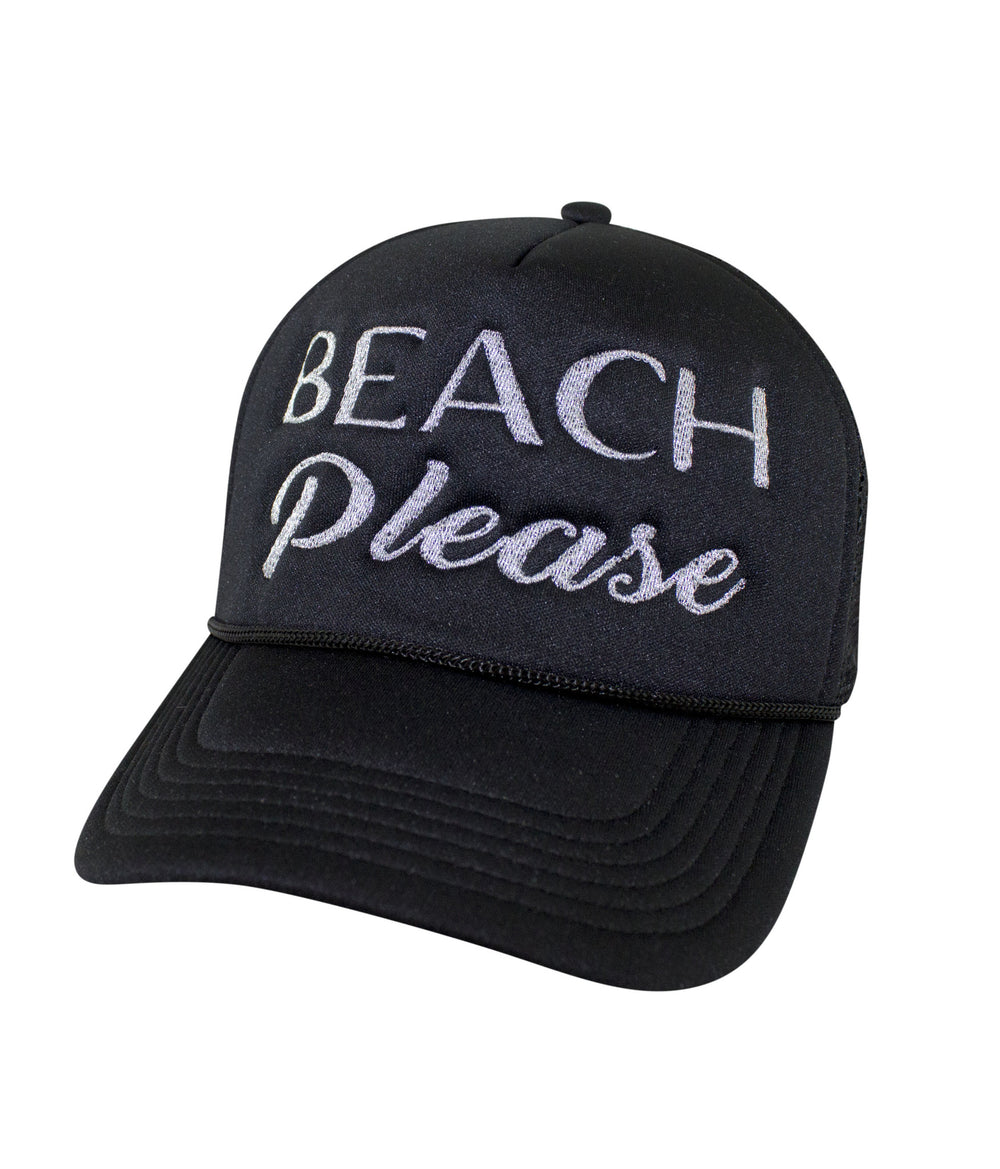 Beach Please Foam Trucker Hat featuring embroidered text, perfect summer hat for beach lovers.