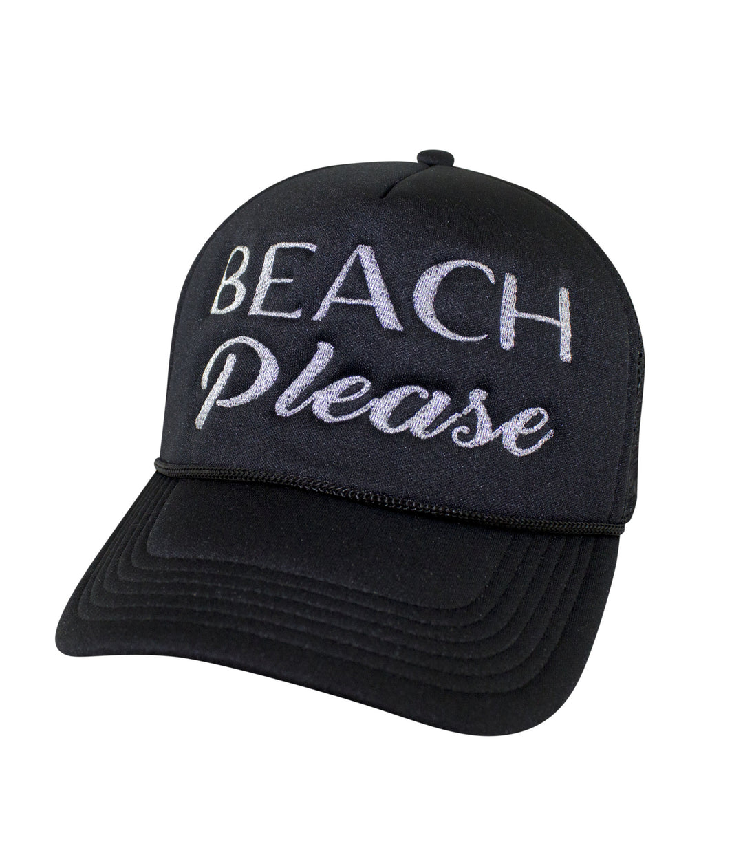 Beach Please Foam Trucker Hat featuring embroidered text, perfect summer hat for beach lovers.