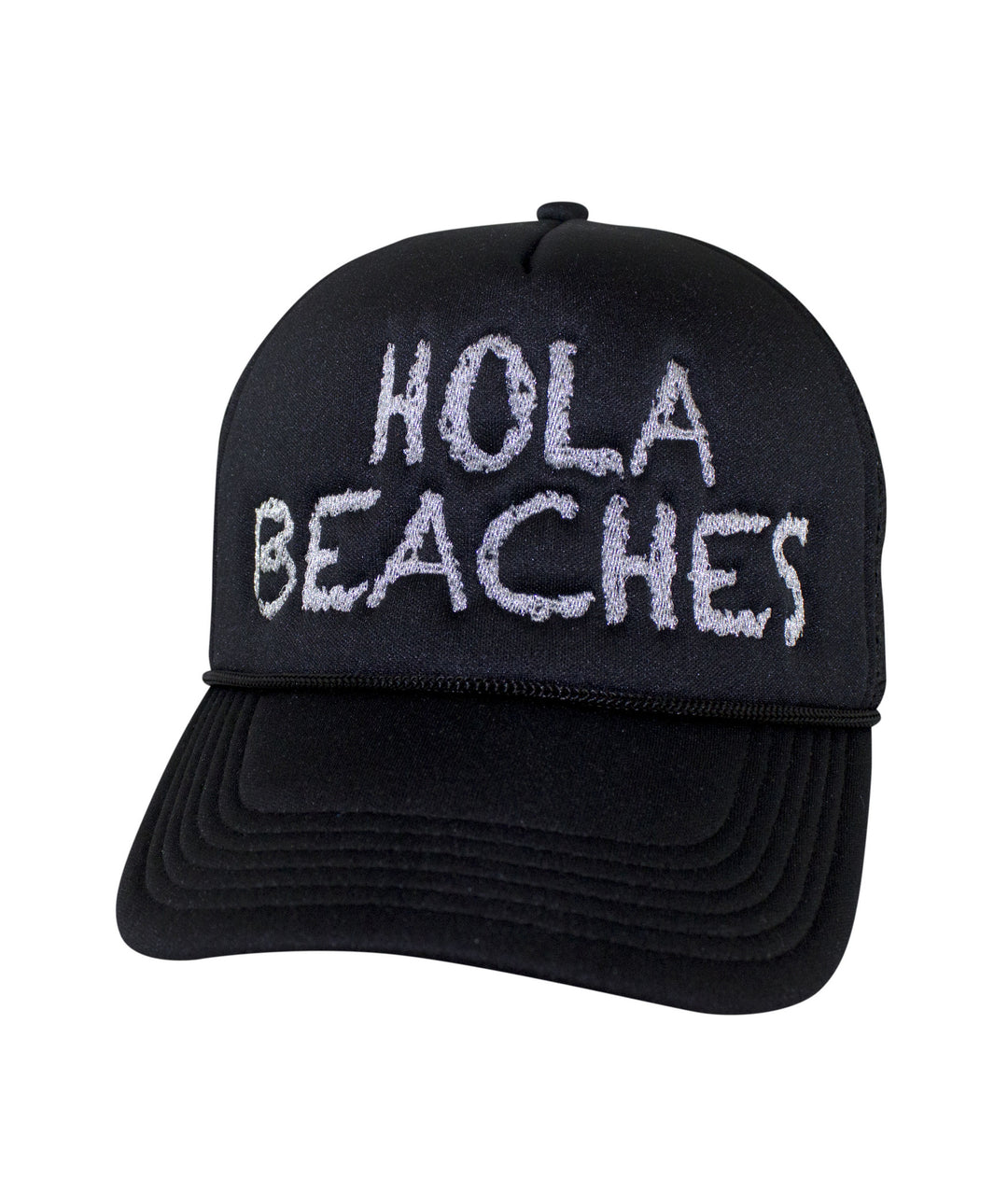 Hola Beaches Foam Trucker Hat with embroidered text, perfect summer accessory. Ideal for beach lovers. Hat.