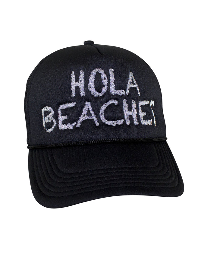 Hola Beaches Foam Trucker Hat with embroidered text, perfect summer hat for beach lovers.