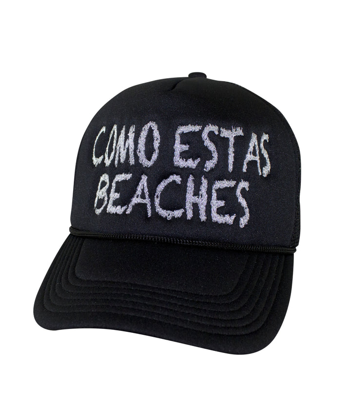 Como Estas Beaches Foam Trucker Hat, stylish hat with embroidered text on front panel, perfect for beach outings.