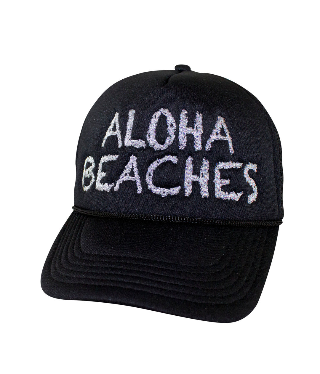 Aloha Beaches foam trucker hat, a stylish black baseball cap featuring embroidered text, perfect for beach lovers and casual wear.