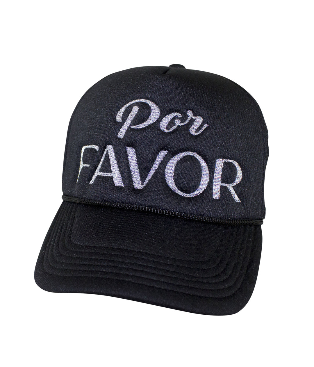 Por Favor Foam Trucker Hat featuring embroidered text, a stylish baseball cap, perfect for casual wear and outdoor activities.