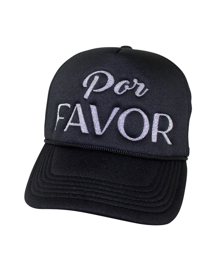 Por Favor Foam Trucker Hat featuring embroidered text, a stylish baseball cap, perfect for casual wear and outdoor activities.