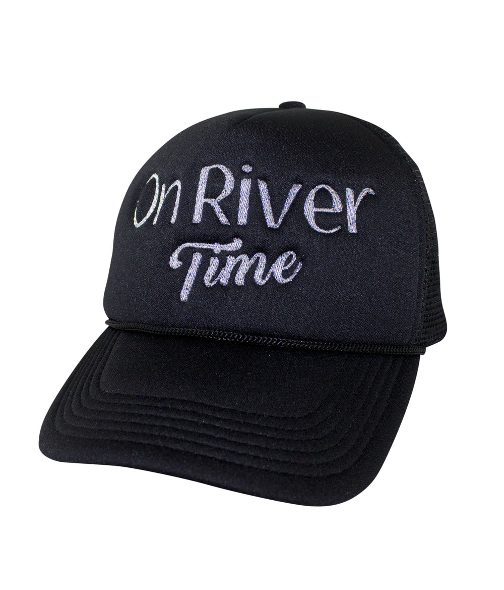 On River Time Foam Trucker Hat with embroidered design, a stylish hat for outdoor enthusiasts.