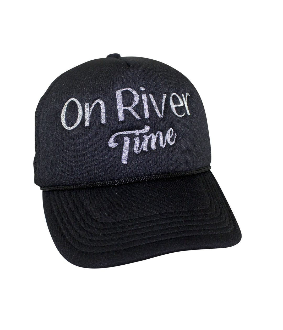 On River Time Foam Trucker hat with embroidered text, ideal for outdoor enthusiasts.