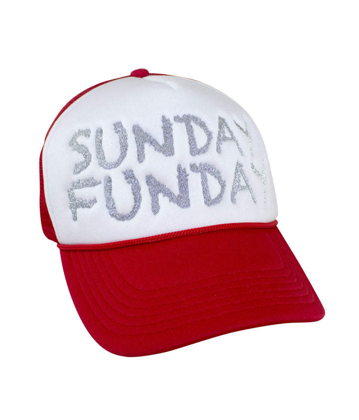 Sunday Funday Foam Trucker Hat featuring red brim and embroidered text, perfect for casual outings and summer fun.